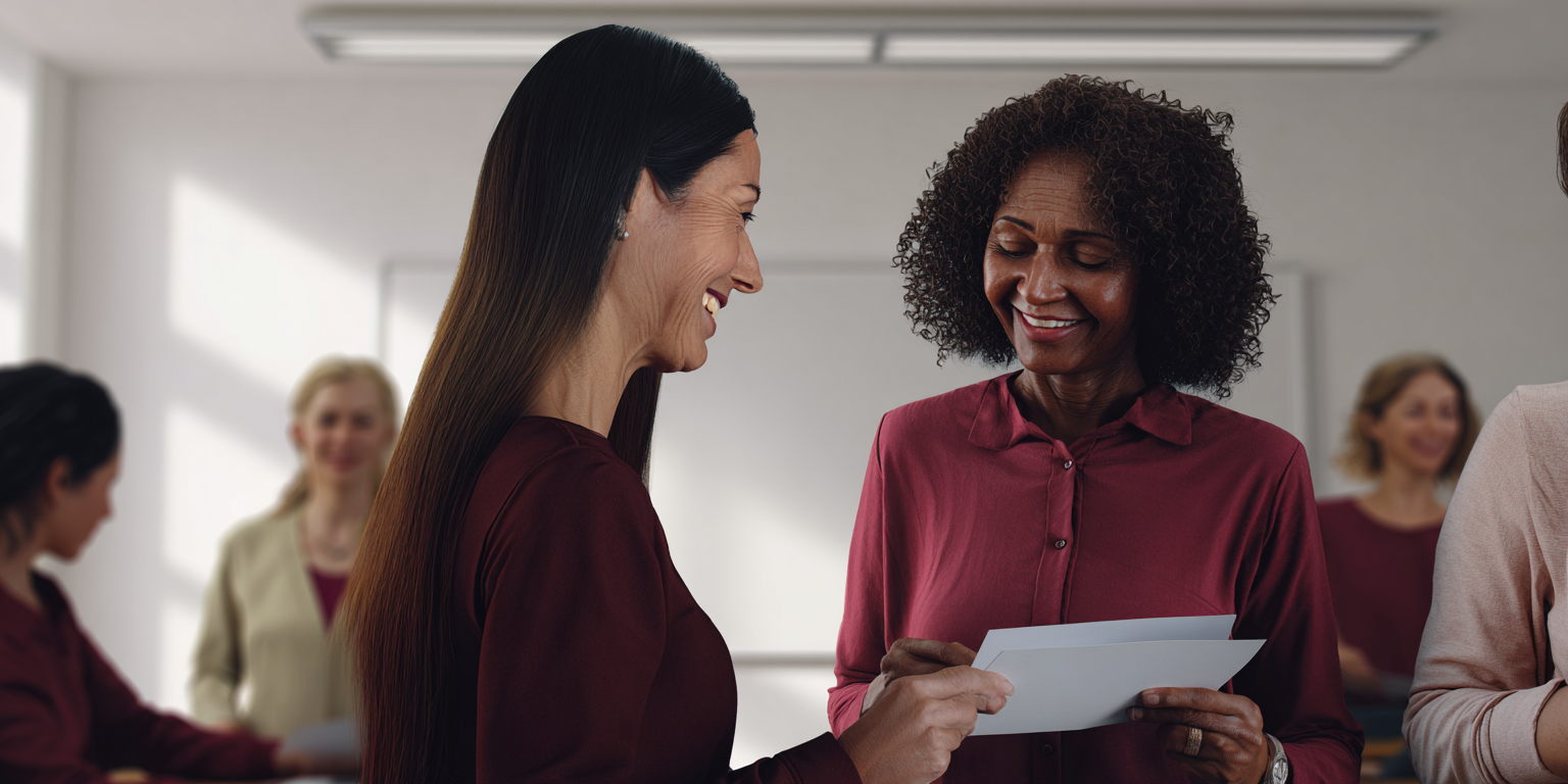 Deux femmes se sourient et échangent une lettre dans une pièce lumineuse de bureau, avec d'autres personnes en arrière-plan.