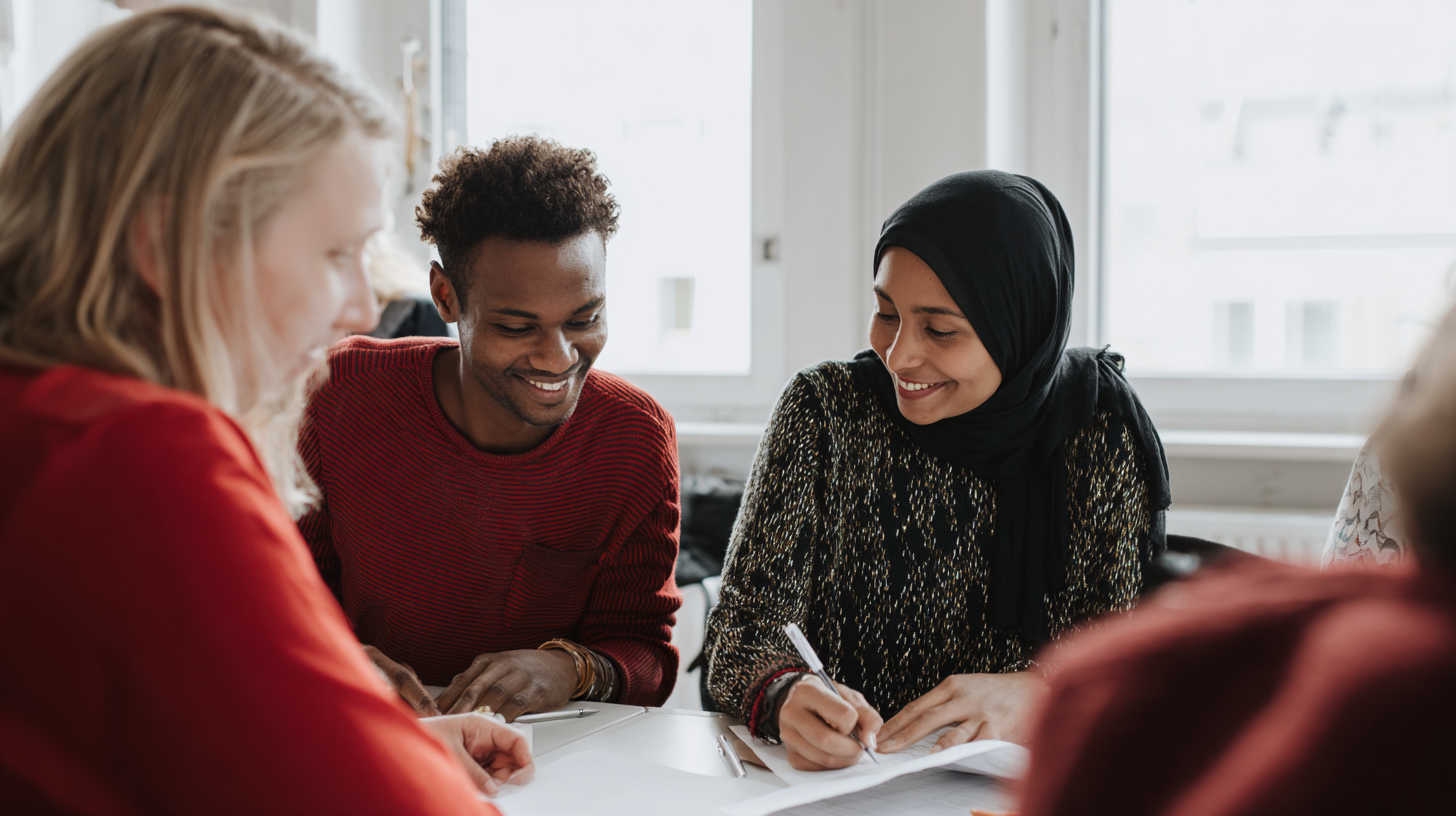 Groupe de quatre personnes de différentes origines assises autour d'une table, souriant et discutant lors d'une réunion