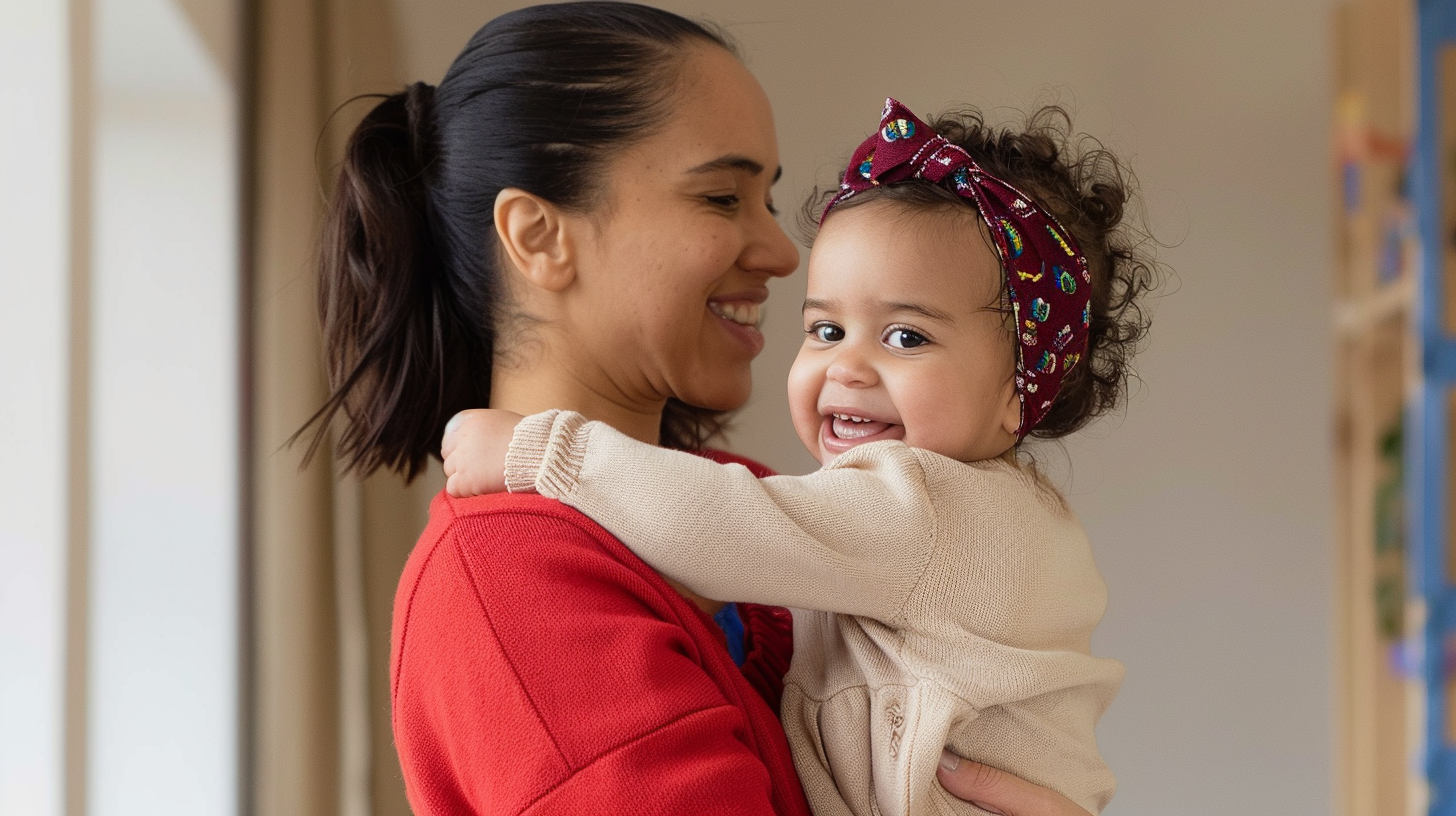 Une femme souriante tient une petite fille souriante dans ses bras, l'enfant porte un bandeau rouge avec des motifs colorés et une robe beige.