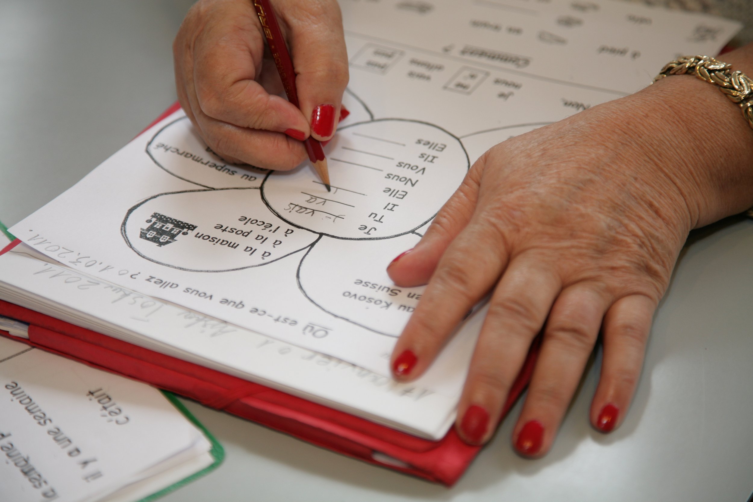 Une personne écrit dans un cahier avec un crayon rouge, centré sur des cercles contenant du texte en français, avec une montre en bracelet doré à la main droite et des ongles peints en rouge.