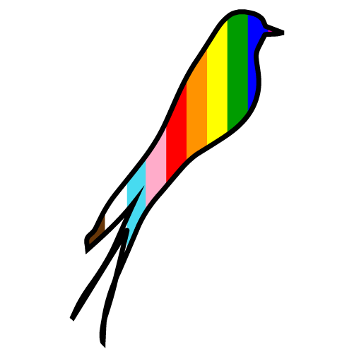 A stylized bird with rainbow-colored feathers and black outline.