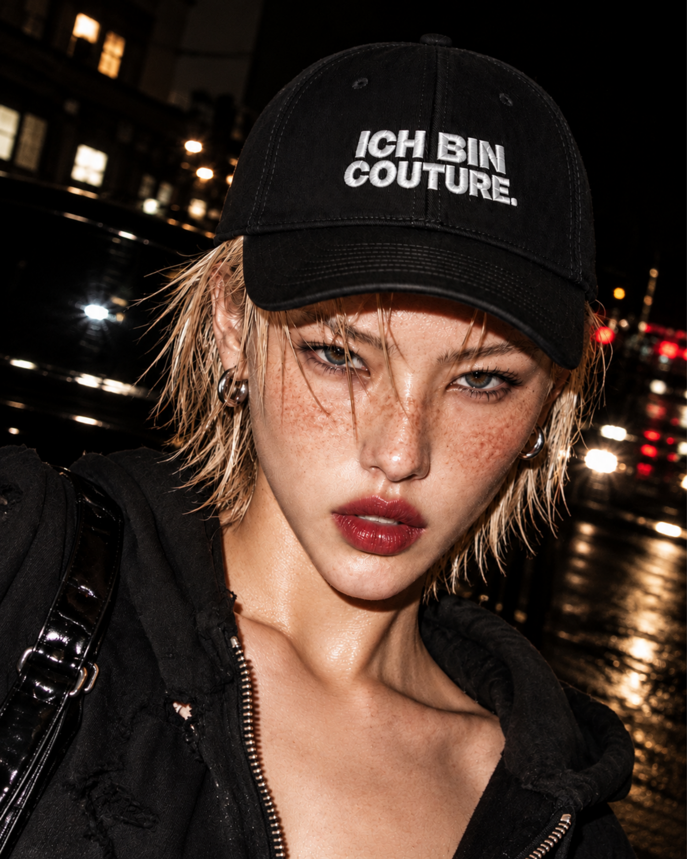 Model wearing a black ICH BIN COUTURE cap and black studded leather jacket at night in Berlin.