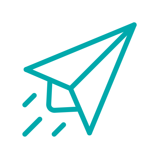 Line drawing of a paper airplane with motion lines, symbolizing sending or communication.