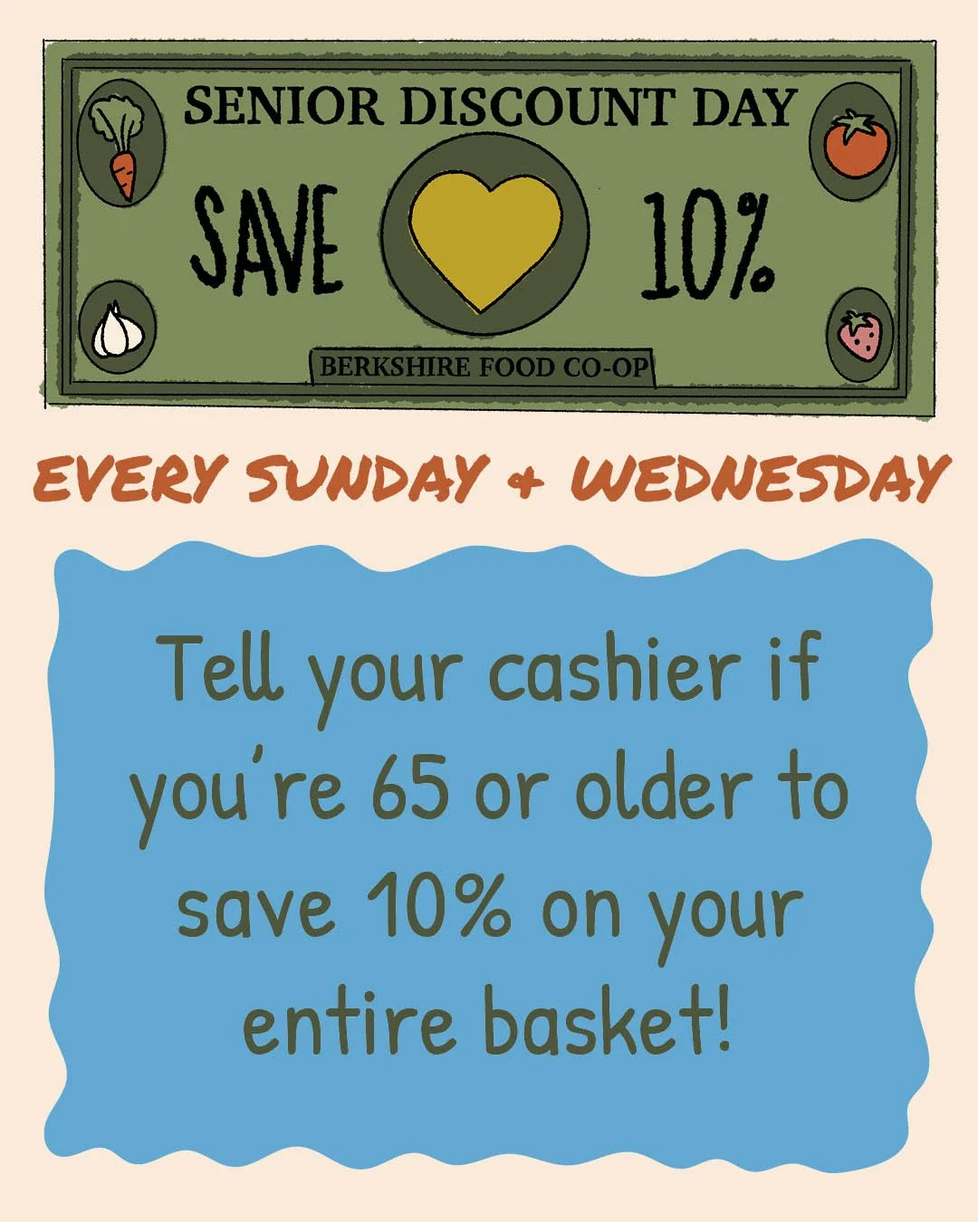 Great news! Our Senior Discount is back, starting this Sunday, October 26th! ♥οΈ This is a direct result of listening to your valuable feedback and your unwavering support for our Co-op. Thank you for being such an essential part of our story a