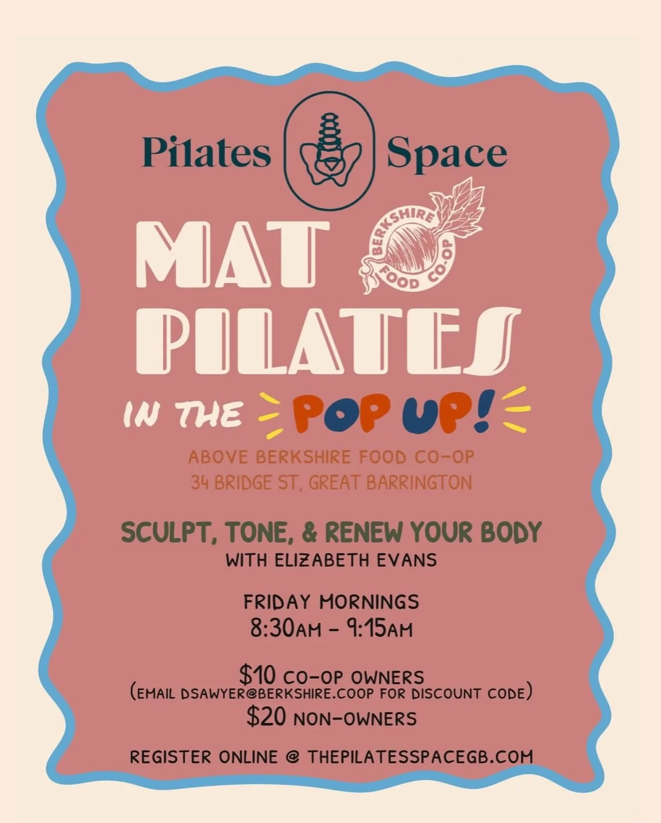 Friday morning Pilates, anyone? 
Good vibes, big stretches🧘&zwj;♀️💫 just bring a mat &amp; towel! 

Co-op Owners get a $10 discount✌️
Register online @thepilatesspacegb 🙂