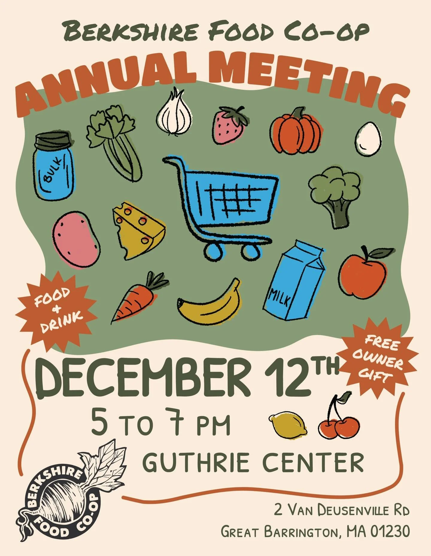 Greetings, Owners 🙂
You&rsquo;re invited to our Annual Meeting on 
Friday, December 12, at the Guthrie Center. We look forward to the opportunity to gather, connect, and celebrate our co-op community &hearts;️ Join us for an evening of delicious sna