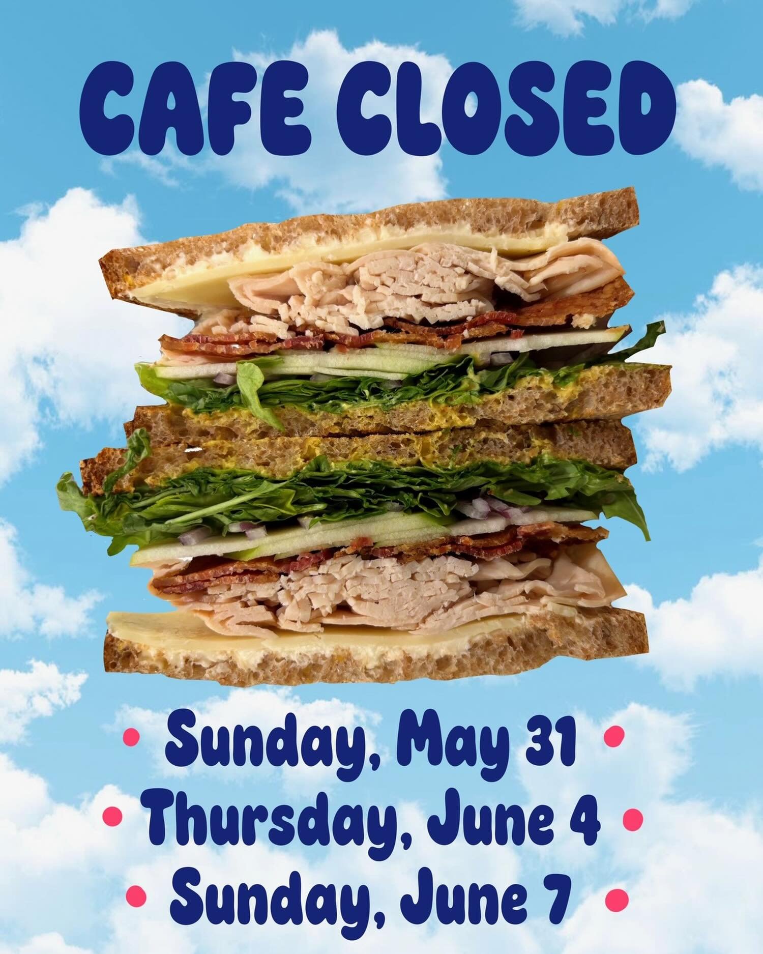 Please note that our Caf&eacute; will be CLOSED on&hellip;

Sunday, May 31
Thursday, June 4
Sunday, June 7

Our Hot Bar, Salad Bar, and Grab &amp; Go offerings will still be available 🙂 and the seating area will remain OPEN for your convenience.

We