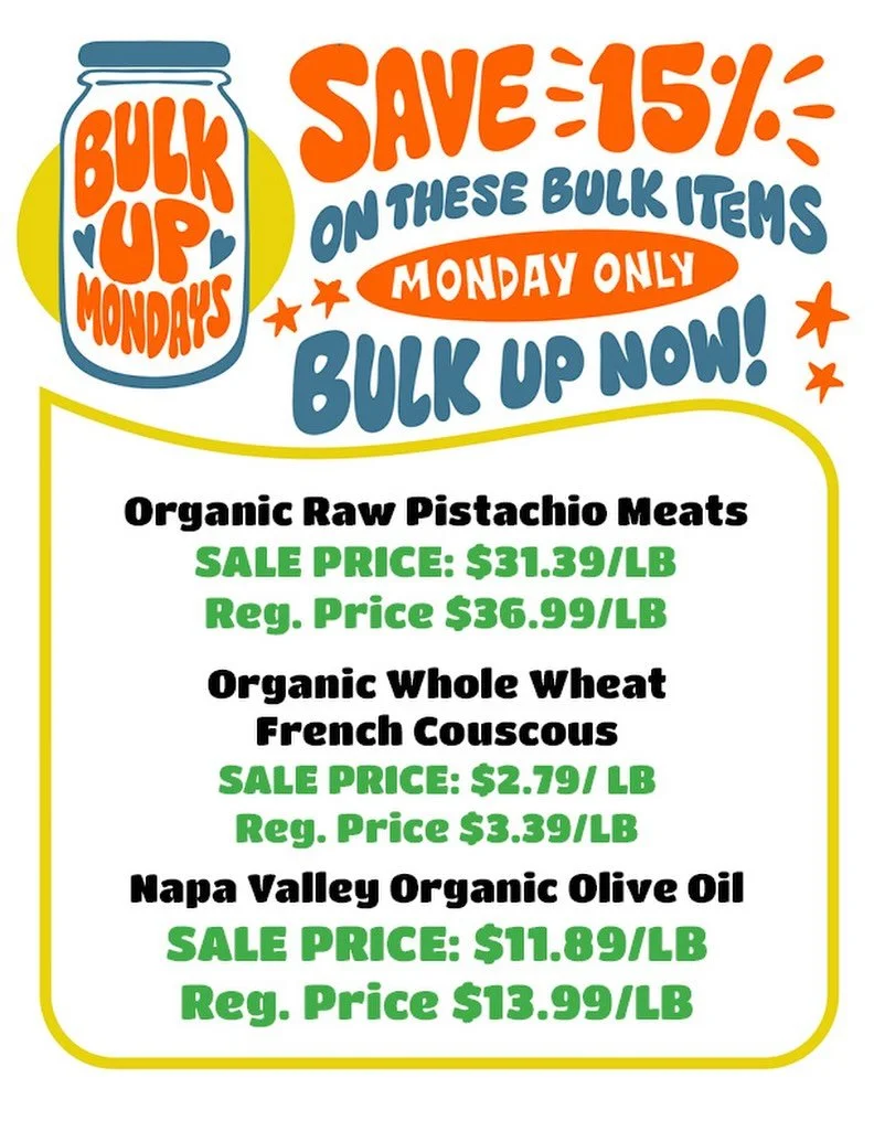 TODAY 🫙💫 Score 15% off these 3 select bulk items! 

No ownership needed 🙂 just come shop &amp; save! 

Today save BIG on: 
Organic Raw Pistachio Meats 💚
Organic Whole Wheat French Couscous🫙
Napa Valley Organic Olive Oil 🫒