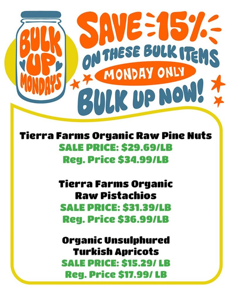 TODAY 💫 Score 15% off these 3 select bulk items! 

No ownership needed 🙂 just come shop &amp; save! 

Today save BIG on: 
Organic Raw Pine Nuts 🫙
Organic Raw Pistachios 🫙
Turkish Apricots 🧡