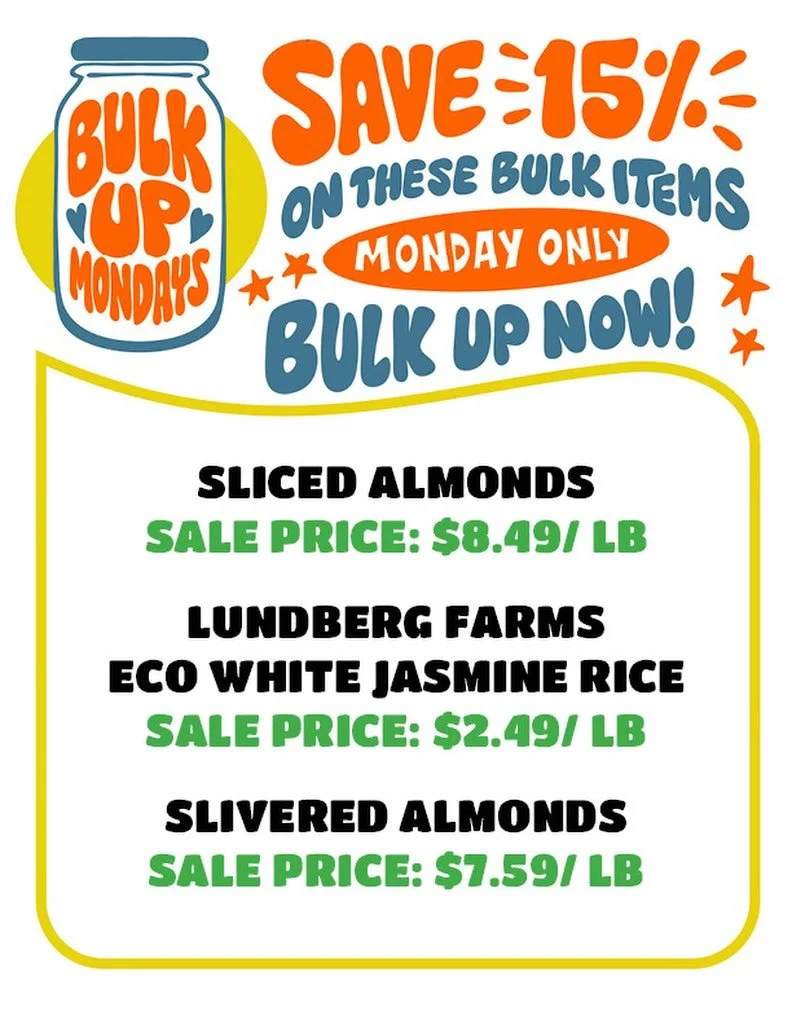 TODAY 💫 Score 15% off these 3 select bulk items! 

No ownership needed 🙂 just come shop &amp; save! 

Today save BIG on: 
🤎 Sliced Almonds 
💚 Jasmine Rice 
💛 Slivered Almonds