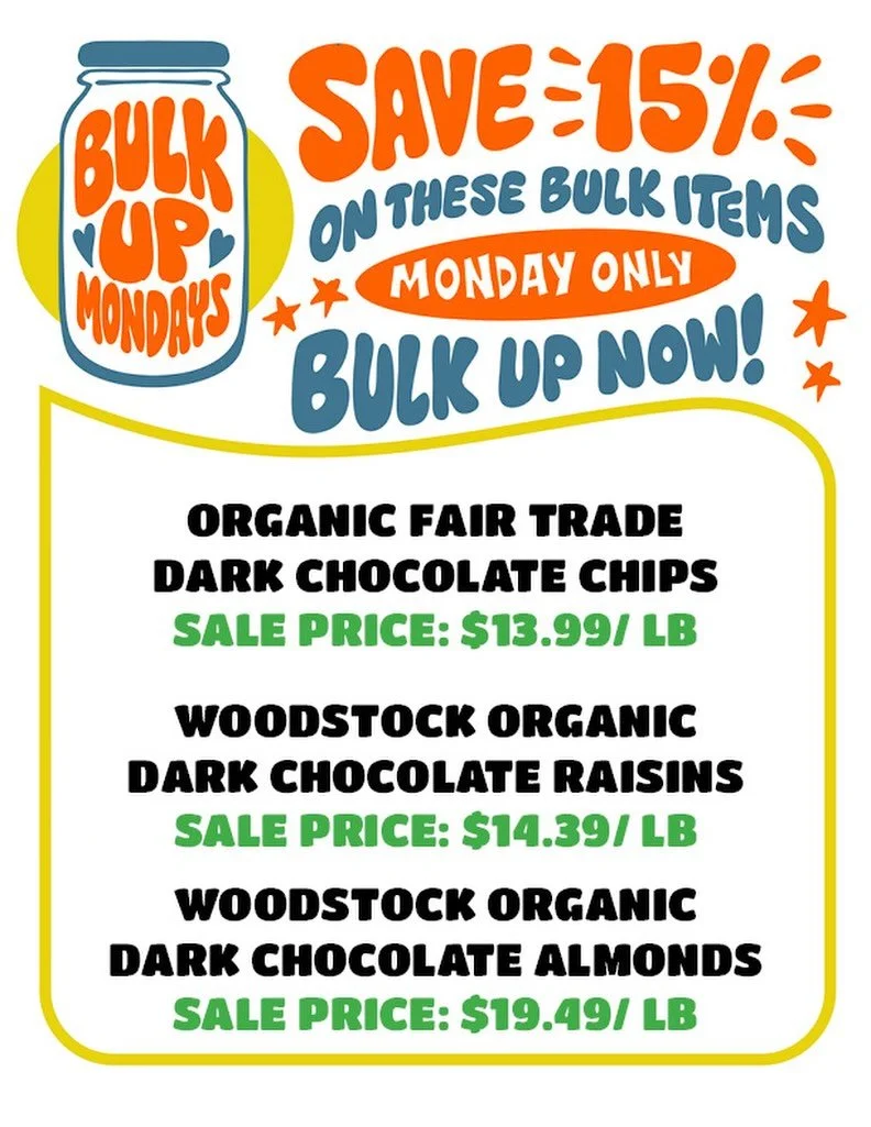 TODAY 💫 Score 15% off these 3 select bulk items! 

No ownership needed 🙂 just come shop &amp; save! 

Today save BIG on: 
🤎Dark Chocolate Chips 
🤎 Dark Chocolate Raisins 
🤎 Dark Chocolate Almonds
