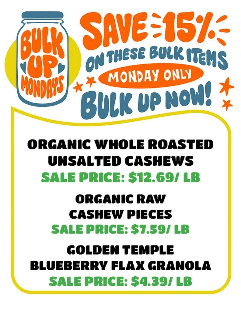 TODAY 💫 Score 15% off these 3 select bulk items! 

No ownership needed 🙂 just come shop &amp; save! 

Today save BIG on: 

🫙✨Whole Roasted Unsalted Cashews 
🫙✨Organic Raw Cashew Pieces 
🫐✨Golden Temple Blueberry Flax Granola