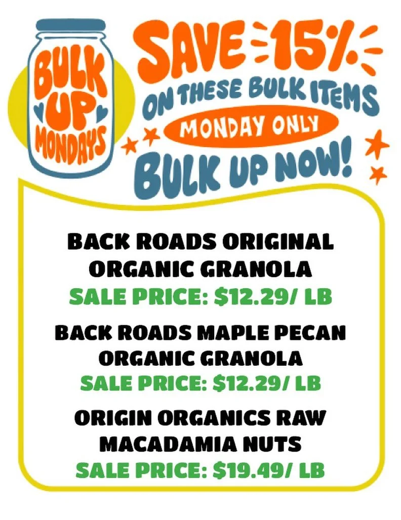 TODAY 💫 Score 15% off these 3 select bulk items! 

No ownership needed 🙂 just come shop &amp; save! 

Today save BIG on: 

🫙✨ Back Roads Original Granola 
🫙✨ Back Roads Maple Pecan Granola 
🫙✨ Origin Raw Macadamia Nuts