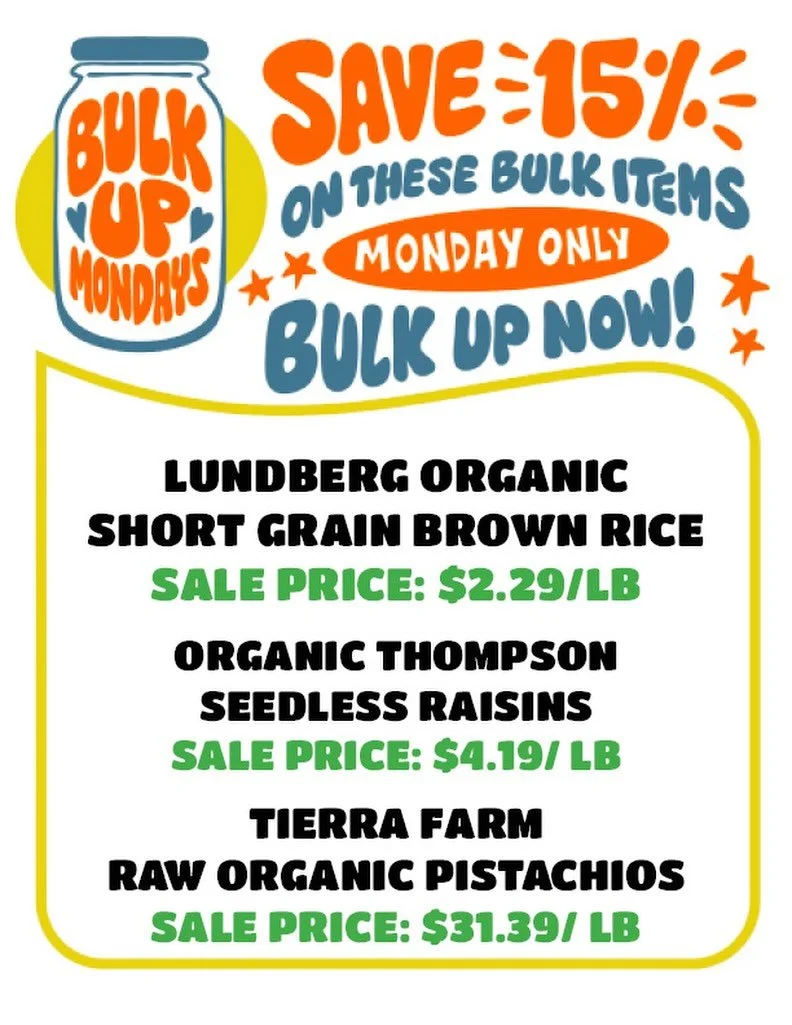 TODAY 💫 Score 15% off these 3 select bulk items! 

No ownership needed 🙂 just come shop &amp; save! 

Today save BIG on: 
🤎✨ Short Grain Brown Rice 
🫙✨ Seedless Raisins 
💚✨ Raw Organic Pistachios