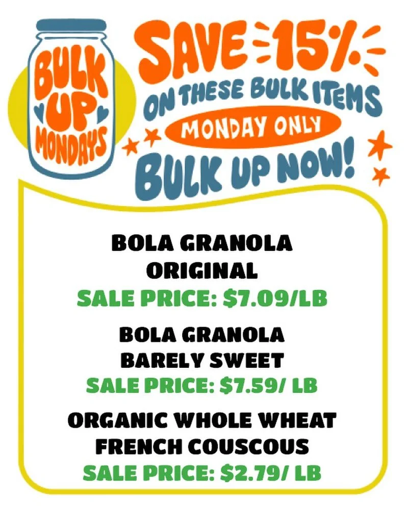 TODAY 💫 Score 15% off these 3 select bulk items! 

No ownership needed 🙂 just come shop &amp; save! 

Today save BIG on: 
 @bolagranola Barely Sweet 🐻✨
@bolagranola Original 💗💫
Organic Whole Wheat French Couscous 🤍