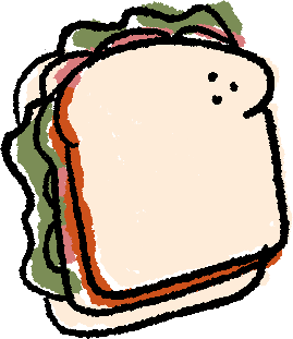 Simple cartoon-style drawing of a sandwich with bread, lettuce, tomato, cheese, and deli meat.