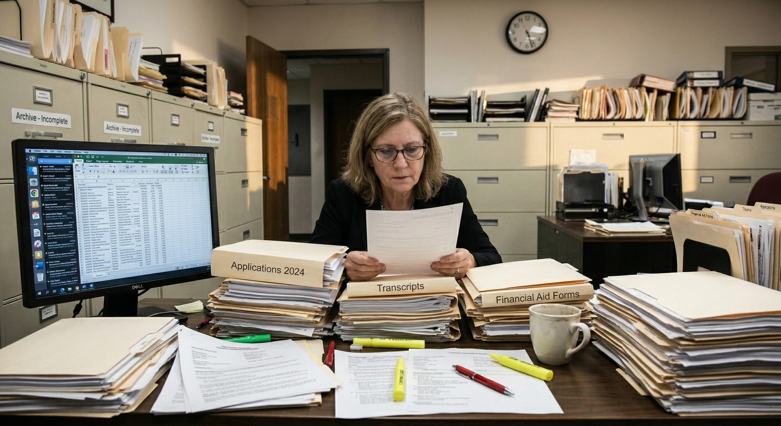 An office worker, a woman with glasses, sitting at a desk covered with numerous piles of documents, folders labeled 'Applications 2024,' 'Transcripts,' and 'Financial Aid Forms,' while reading a paper. There is a computer monitor displaying a spreadsheet, a coffee mug, and several colored pens on the desk. The room has filing cabinets, shelves filled with folders, and a wall clock.
