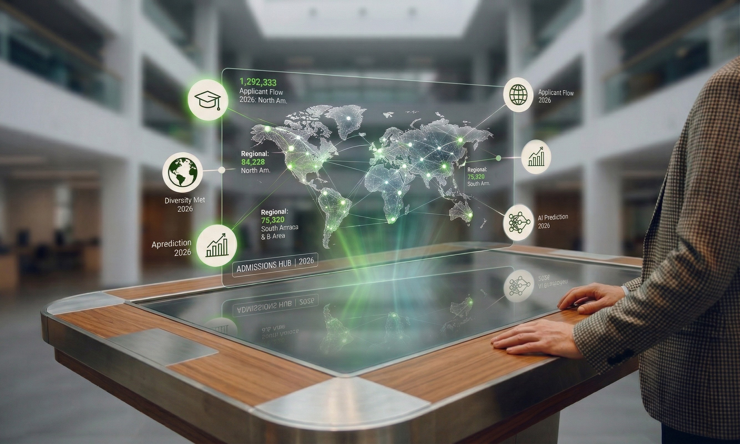 Person in checkered blazer interacting with a transparent digital map showing global data visualizations on a glass table in a modern office setting.