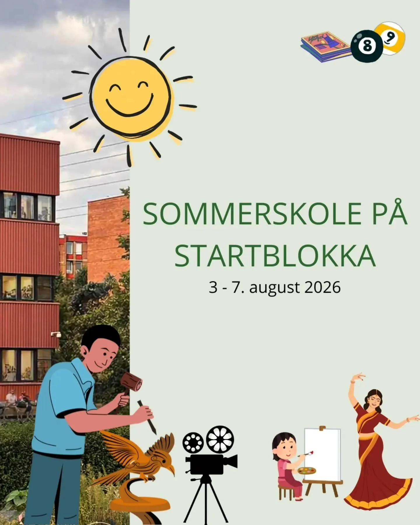 ☀️ SOMMERSKOLE 2026 P&Aring; STARTBLOKKA ☀️

Leter du etter en kreativ, morsom og meningsfull aktivitet for barnet ditt i sommerferien?

I uke 32 inviterer Startblokka barn og unge til en spennende sommerskole fylt med skaperglede, kunst, bevegelse o