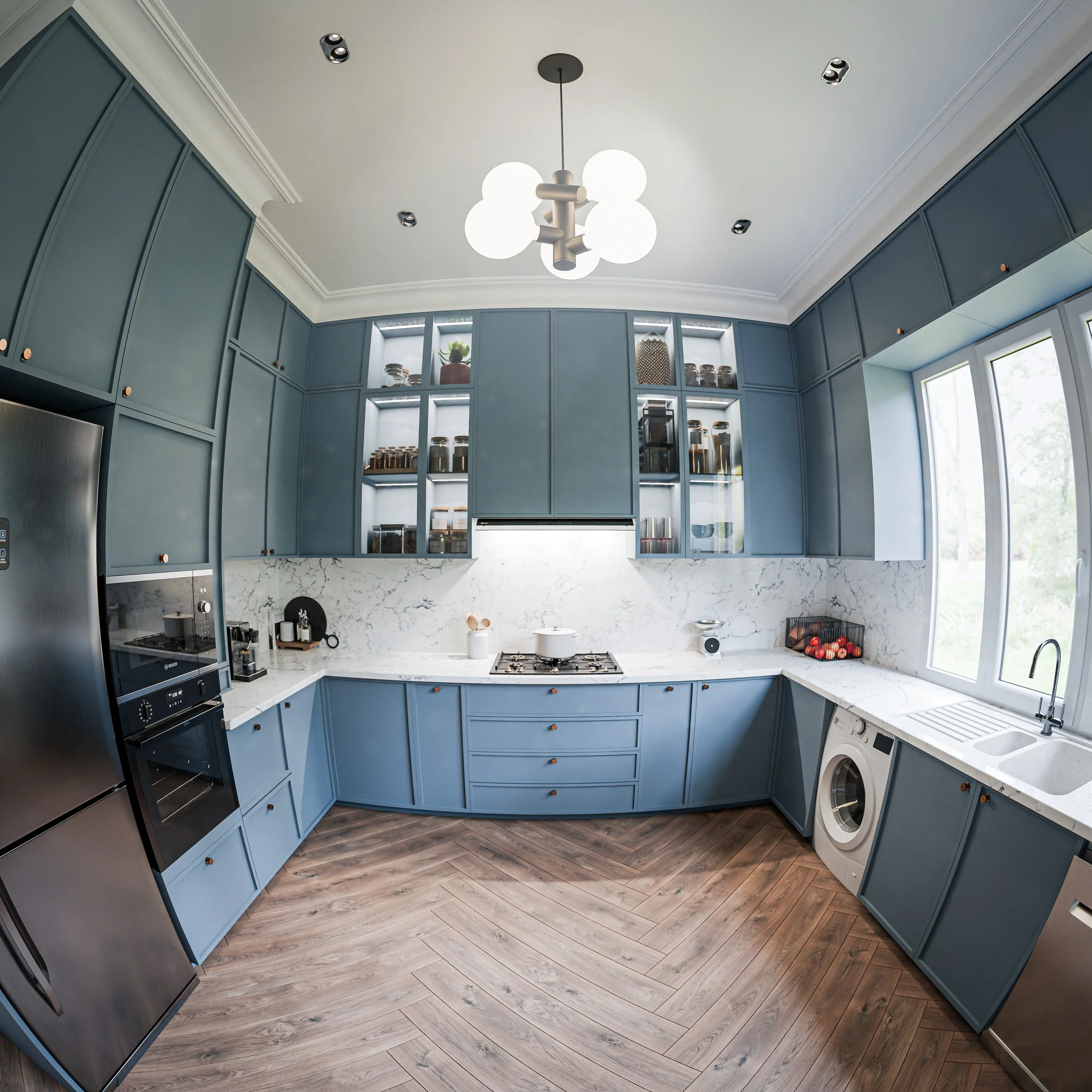 Vue perspective 3D en fisheye d'un projet de cuisine moderne avec sol en bois et meubles bleus