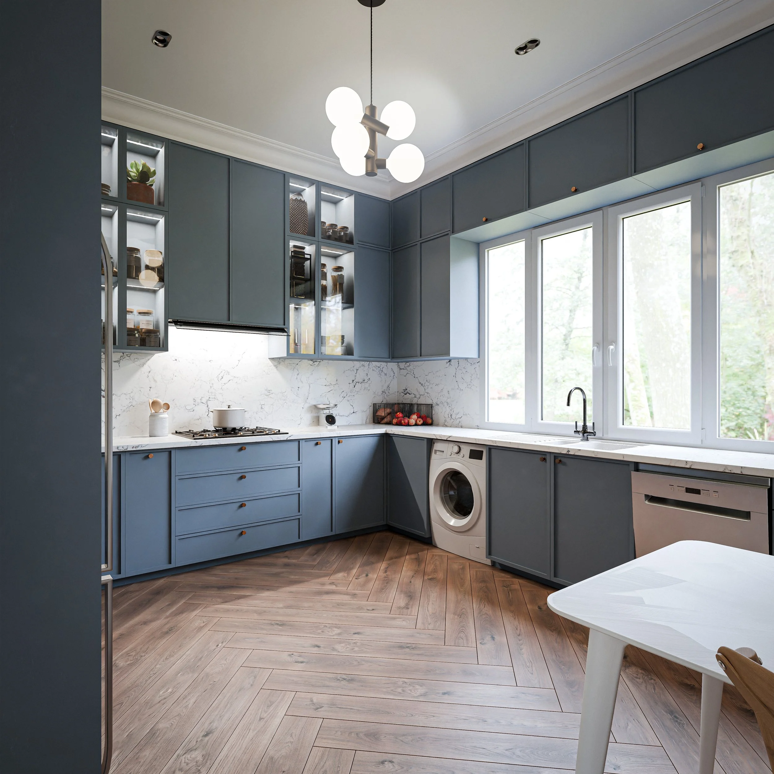 Vue perspective 3D en d'un projet de cuisine moderne, vue vers la fenêtre