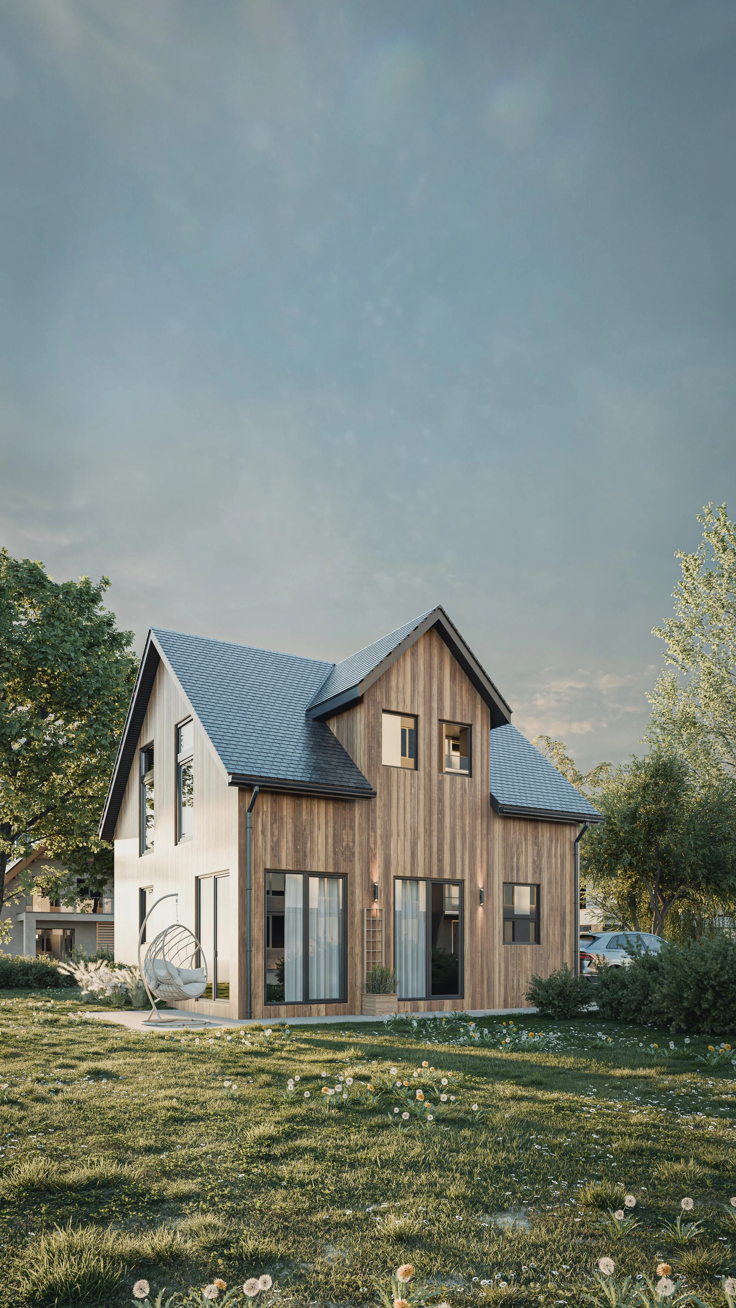 Perspective d'une maison avec bardage bois et toiture en ardoise, avec un jardin au premier plan