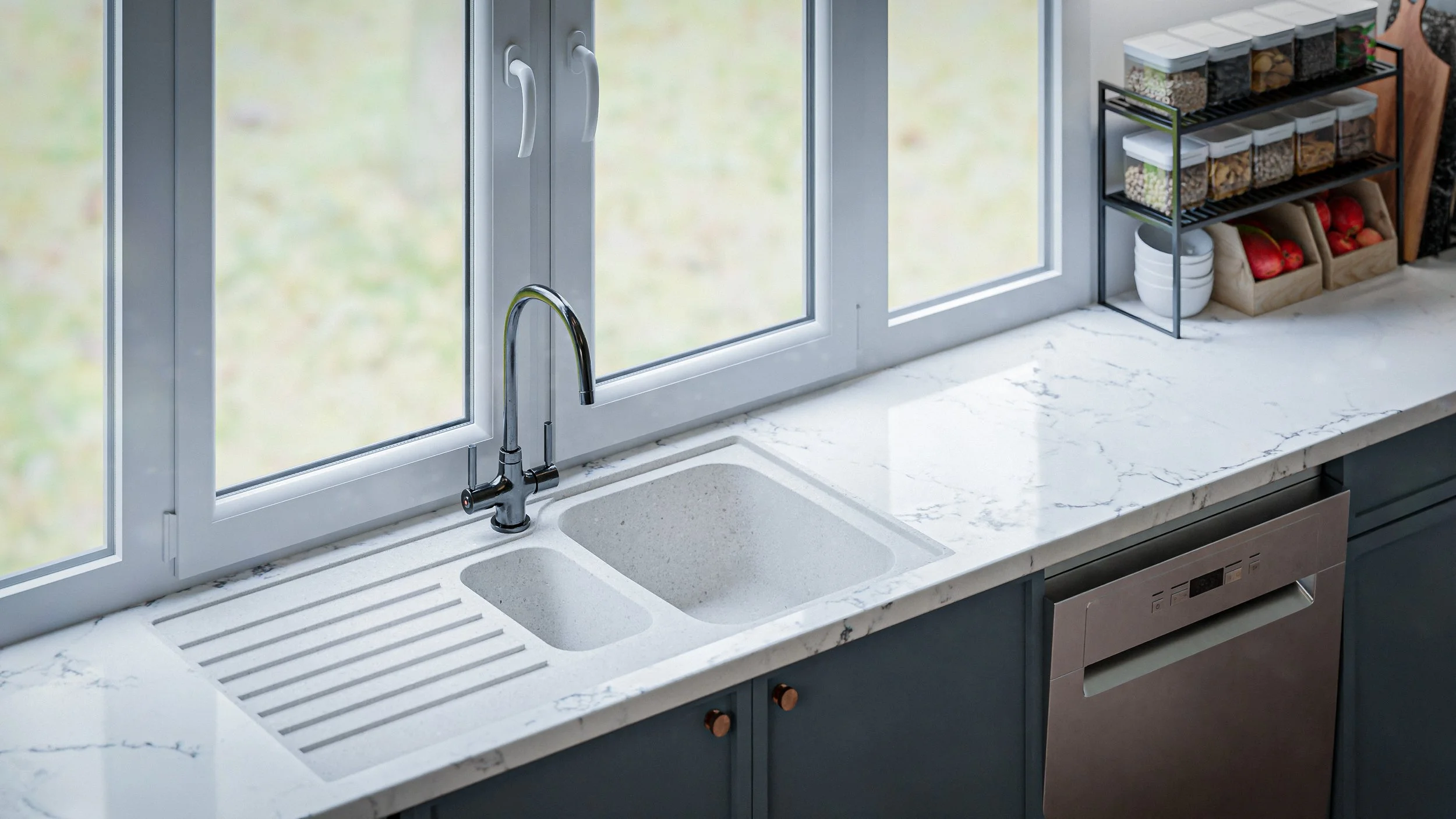 Vue perspective 3D en d'un projet de cuisine moderne avec zoom en gros plan sur l'évier