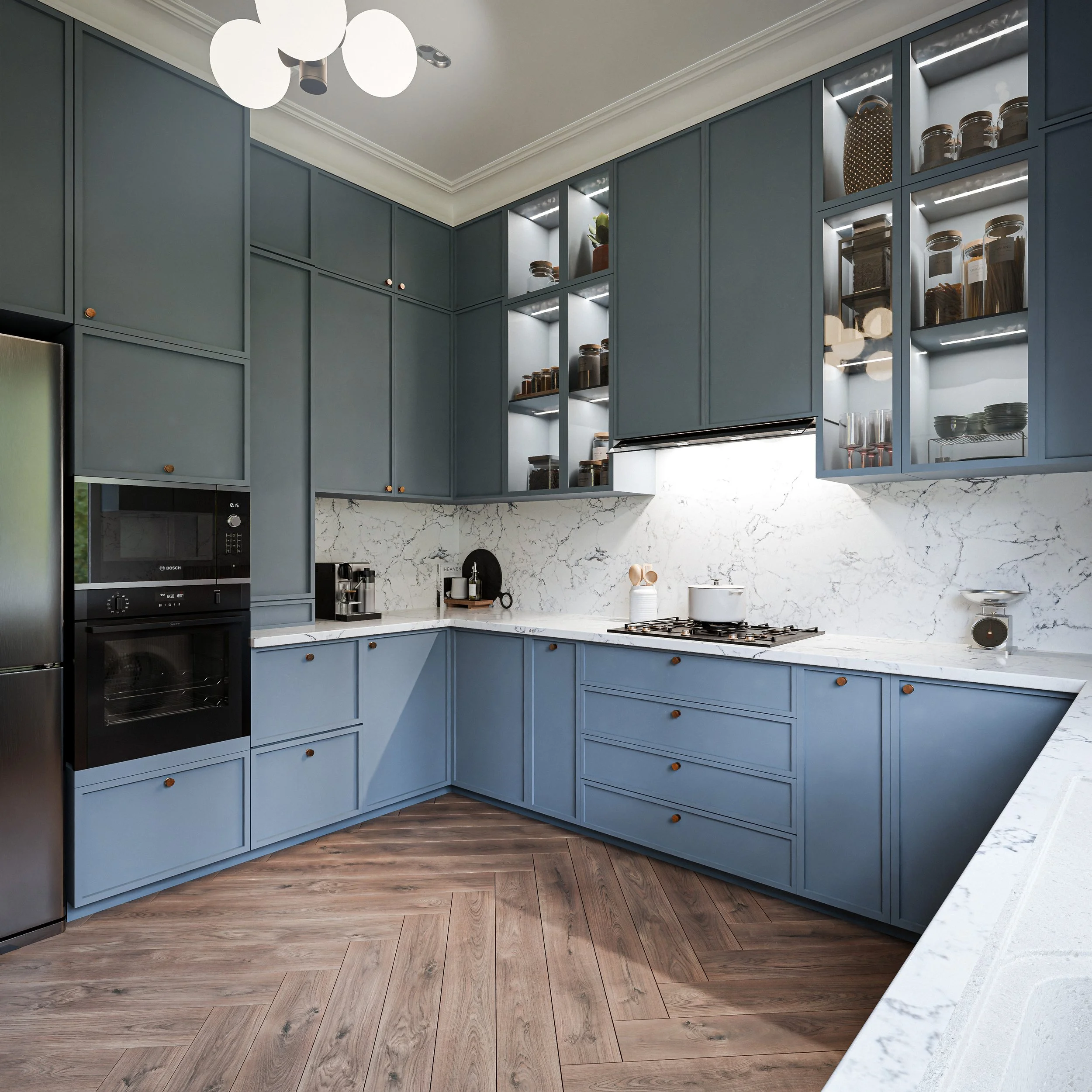 Vue perspective 3D en d'un projet de cuisine moderne, vue dos à la fenêtre 