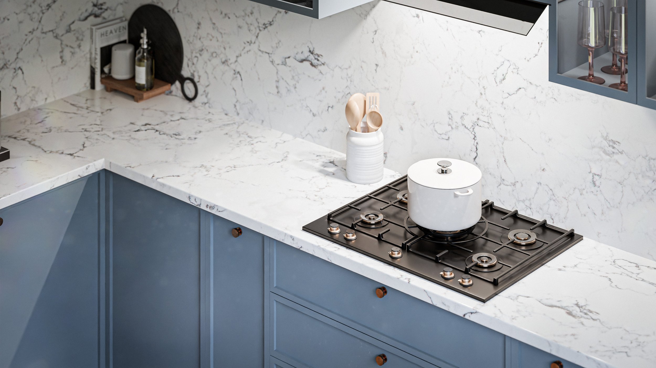 Vue perspective 3D en d'un projet de cuisine moderne avec zoom en gros plan sur la gazinière