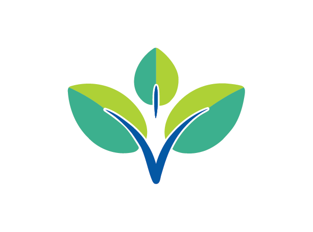 Stylized logo of a plant with four green leaves on a black background.