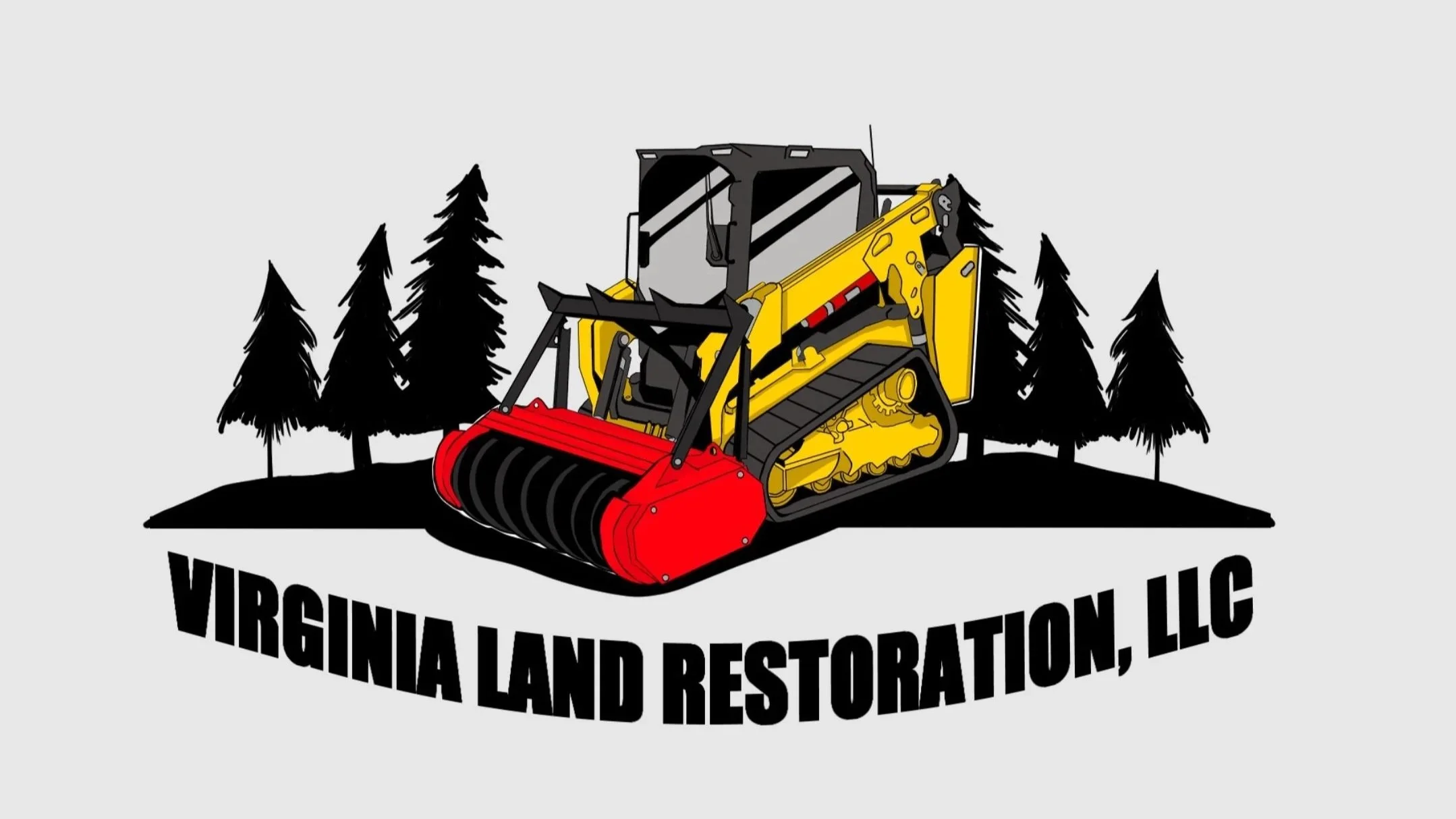 Logo of Virginia Land Restoration LLC featuring a CAT skid steer with a red Fecon forestry mulcher attachment in front of black pine trees, with the company name below.