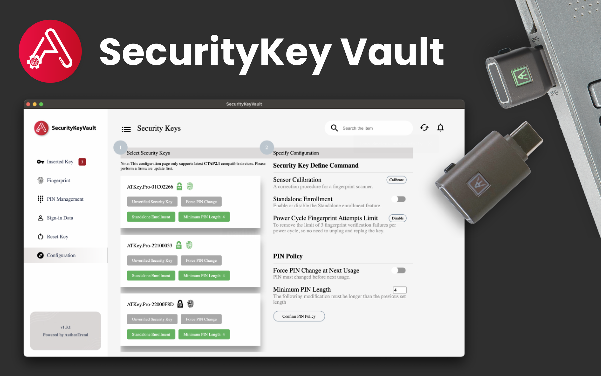Screenshot of a SecurityKey Vault software interface showing security keys management with options for enrollment and settings, alongside hardware security keys placed on a gray surface.