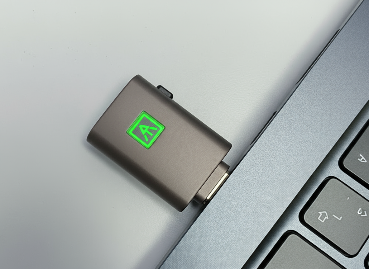 An ATkey.Pro plugged into a laptop. The LED light is green.