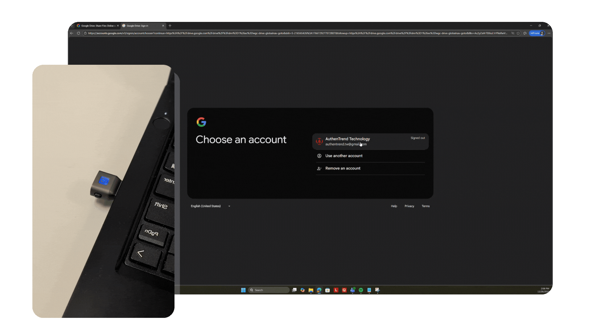 A computer screen shows a Google account sign-in page with the account name AuthenTrend Technology. A USB security key is plugged into a laptop's USB port, with part of the keyboard visible.
