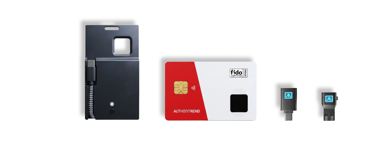 FIDO-certified contactless payment card, security device, and two scanners, all used for digital identification or payment processing.