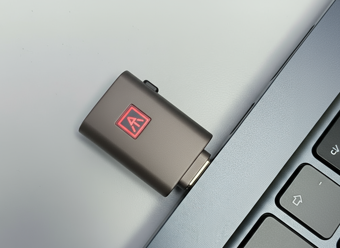 An ATkey.Pro plugged into a laptop. The LED light is red.