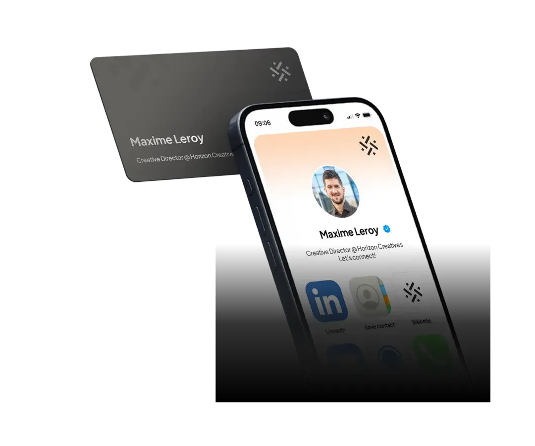 Smartphone displaying Maxime Leroy's profile on a social media app, with a business card for Maxime Leroy floating above.