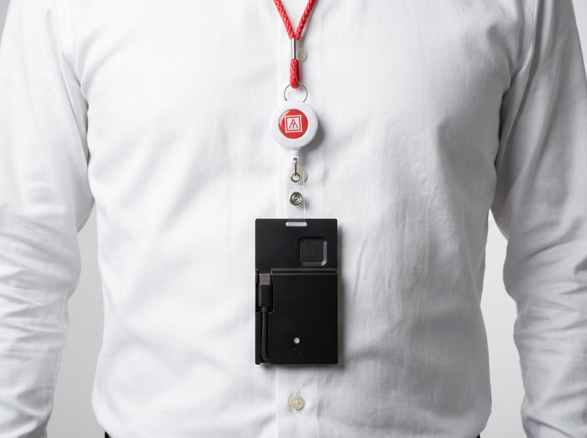 Person wearing a white shirt with a red lanyard holding a whistle and a black breathalyzer device.