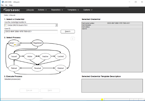 vSEC:CMS Admin — Lifecycle page: selecting the credential and reader interface