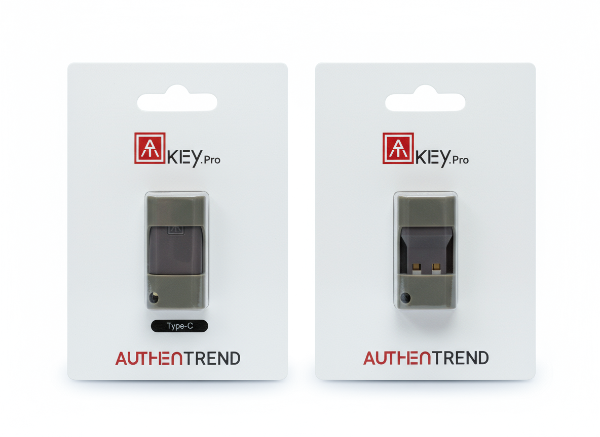 Two Autentrend KEY.Pro hardware key on white display cards, one labeled Type-C, with a gray and black color scheme.