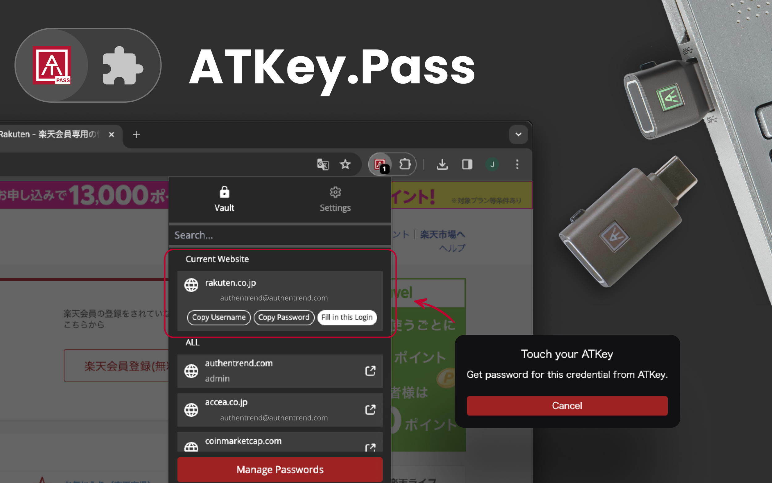 Computer screen showing a password management app called ATKey.Pass, with a website logged in and options to copy username and password, and a prompt to get a credential password from ATKey.