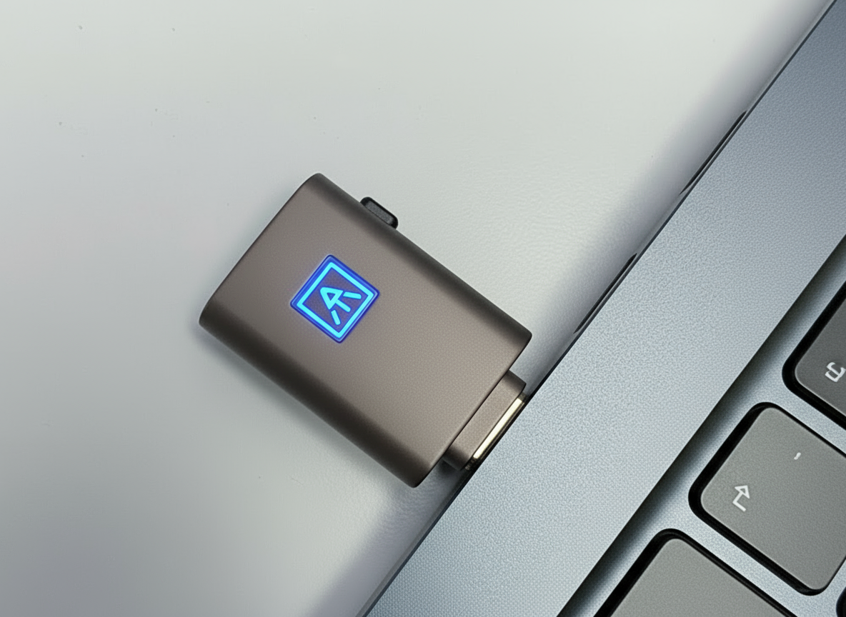 An ATkey.Pro plugged into a laptop. The LED light is blue.