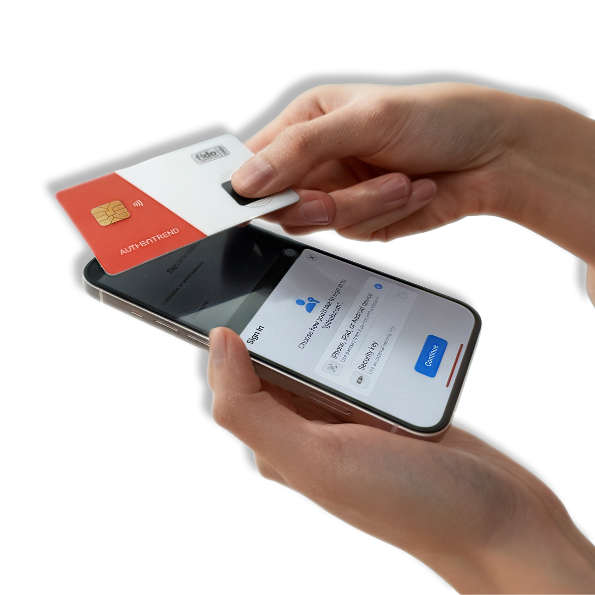 Person holding a smartphone with a digital card inserted into a contactless payment terminal, with the phone displaying a sign-in screen.