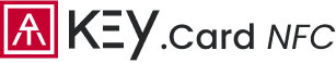 Logo with a pink icon of a key and the text 'KEY.card NFC' in black.
