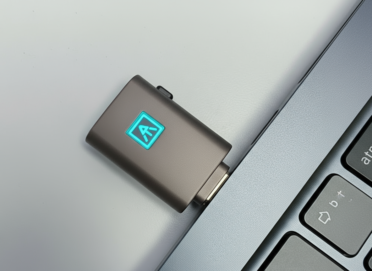 An ATkey.Pro plugged into a laptop. The LED light is cyan.