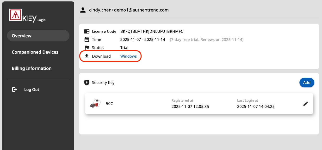 Screenshot of a software dashboard showing login details for Cindy Chen, with options to download a file for Windows, license key information, and account activity timestamps.