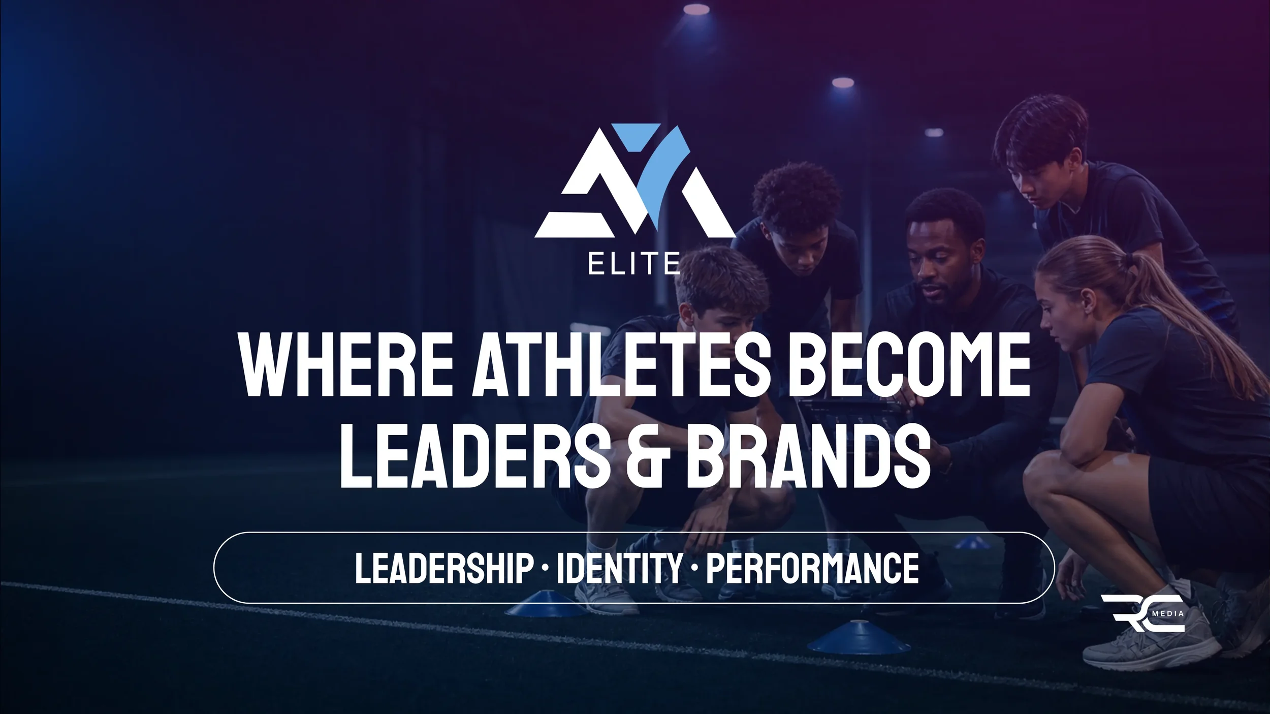 Group of young athletes in black sportswear gathered around a coach on a dark indoor sports field, with a logo and text that reads 'Where Athletes Become Leaders & Brands' and 'Leadership, Identity, Performance'.