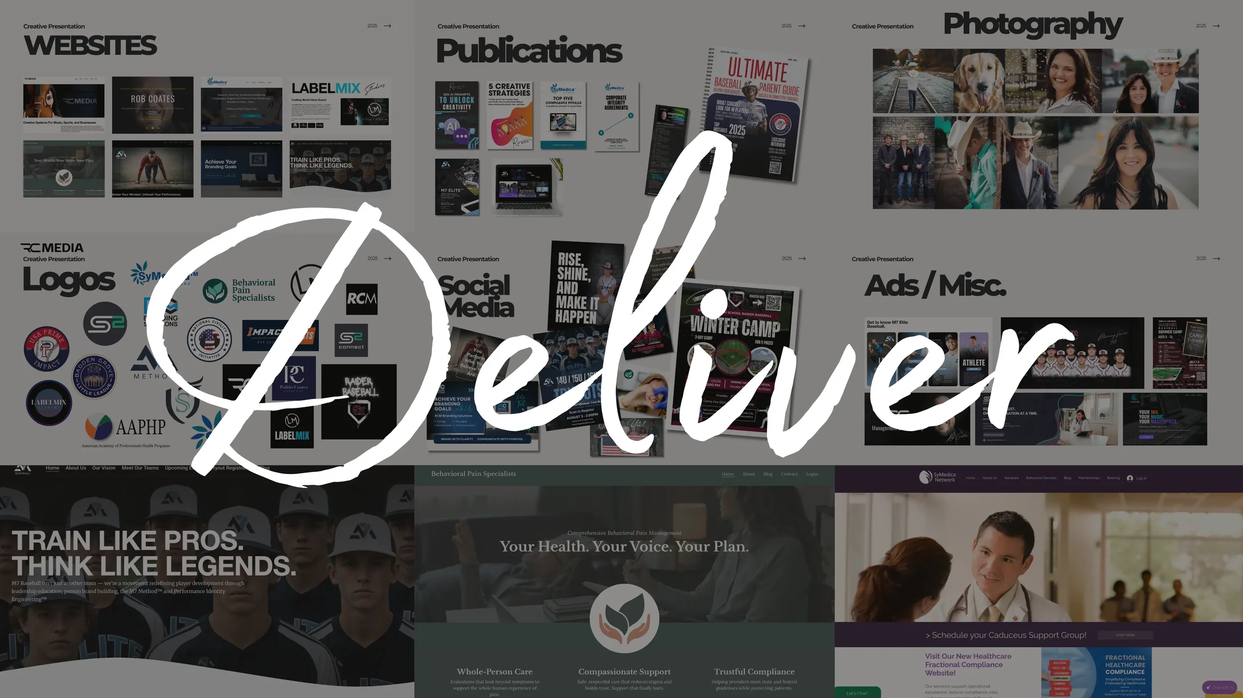 A collage of various website previews with the word 'Deliver' overlaid in large white script.