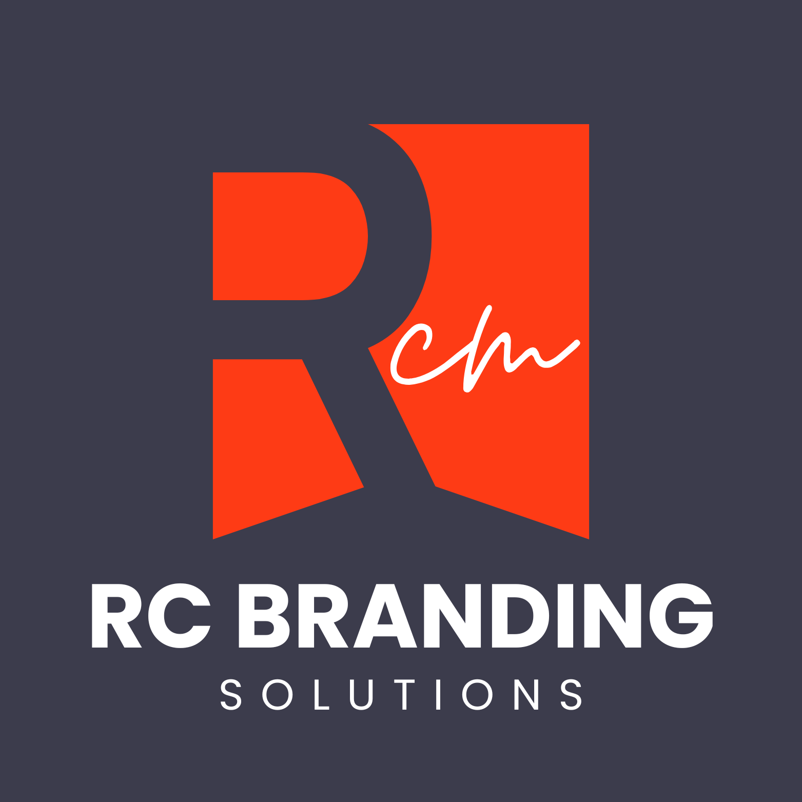 RC Branding Solutions logo with a large stylized letter R in dark gray on a red background, with ''cm'' in white cursive, and