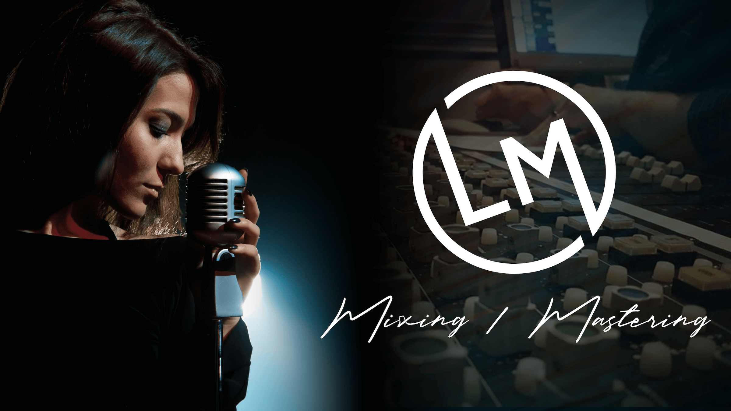 A woman singing into a vintage microphone, with a dark background and a mixing console with an overlay of a logo and the text 'Mixing / Mastering'.